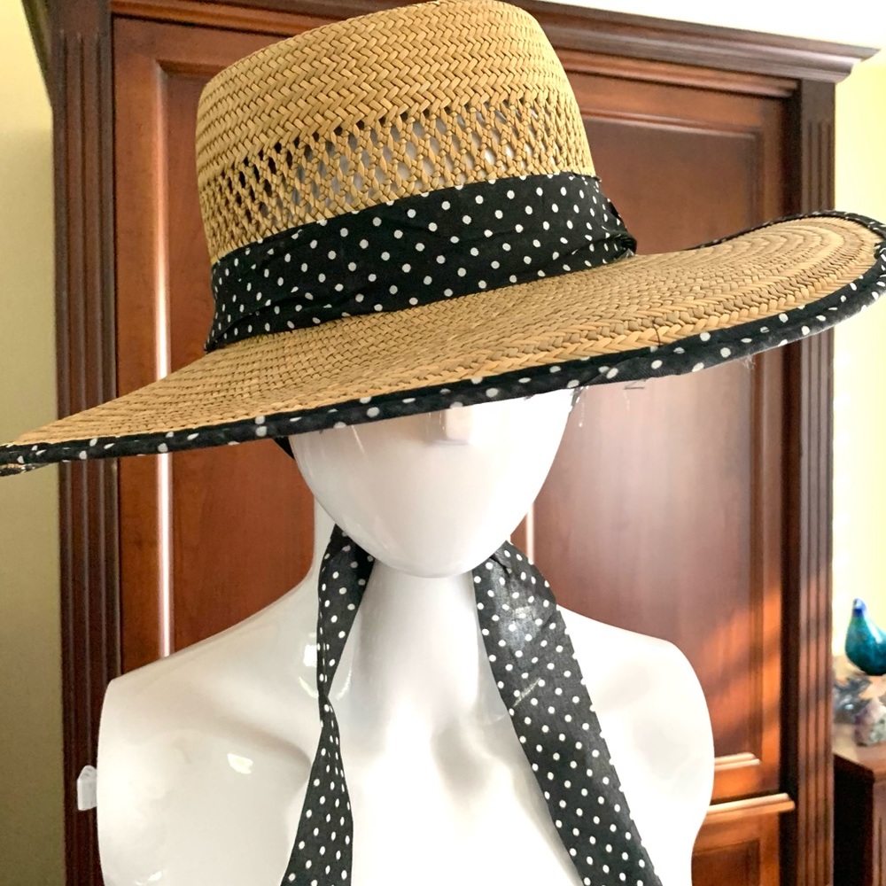 Real hard straw hat wide brim black & white polka dot ribbon tie-up below chin